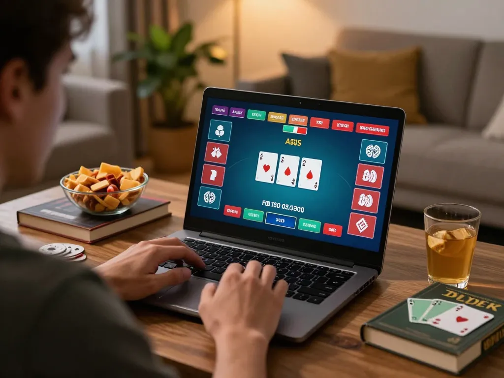 Player enjoying TT88 poker game on laptop in cozy living room setting with snacks.