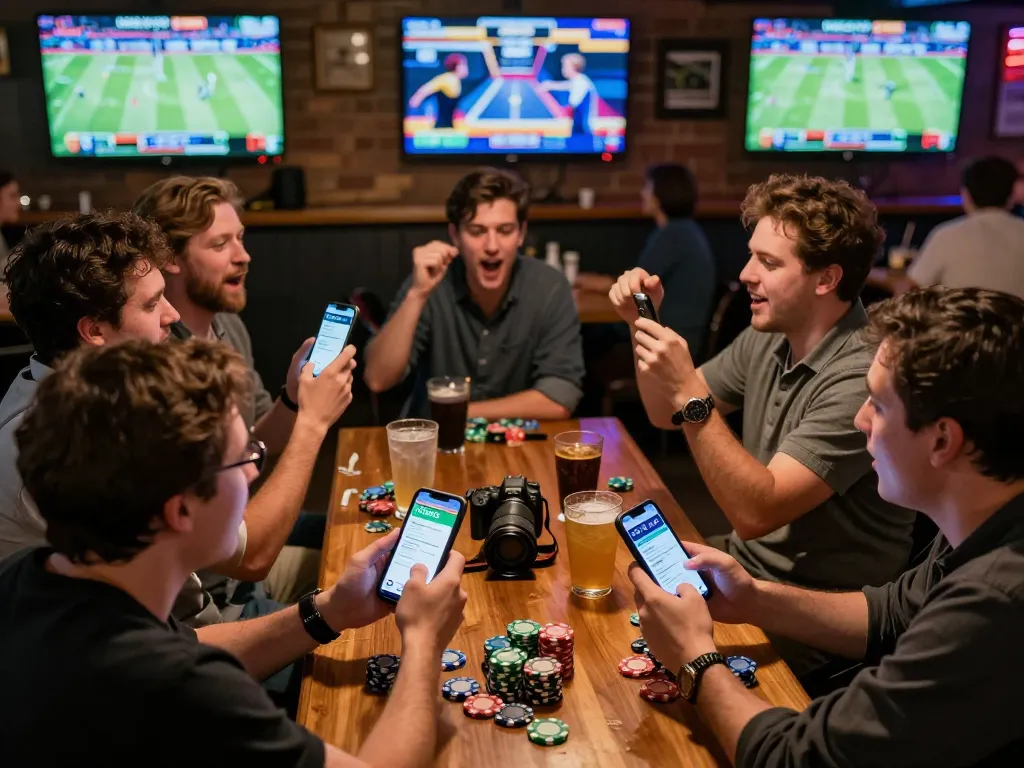 Fans dynamically engaging in sports betting with the tip88 app in a lively bar