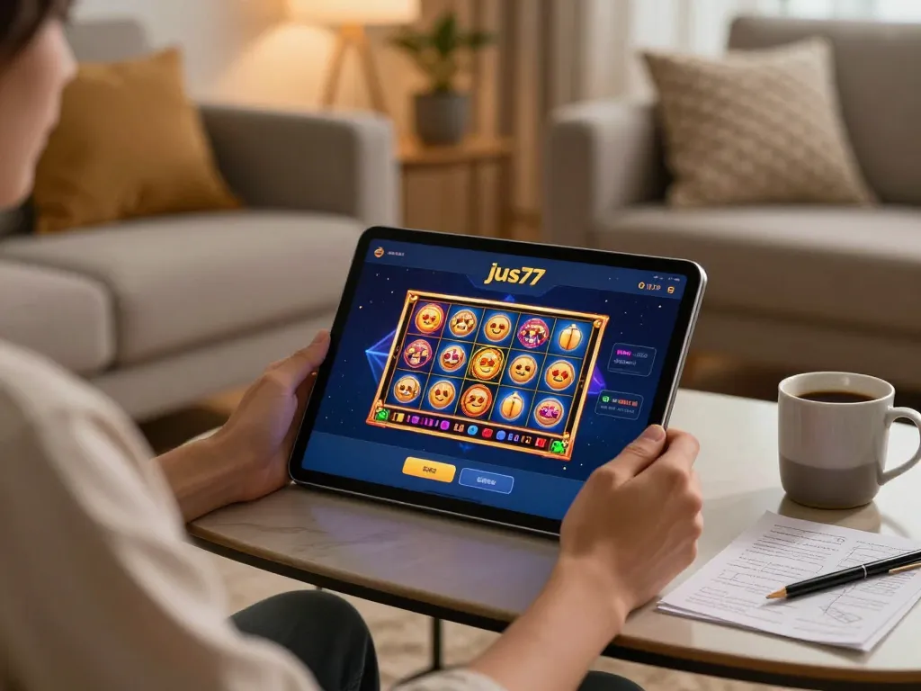 Engaged gamer using jus77 app on tablet in cozy home with vibrant slot graphics.