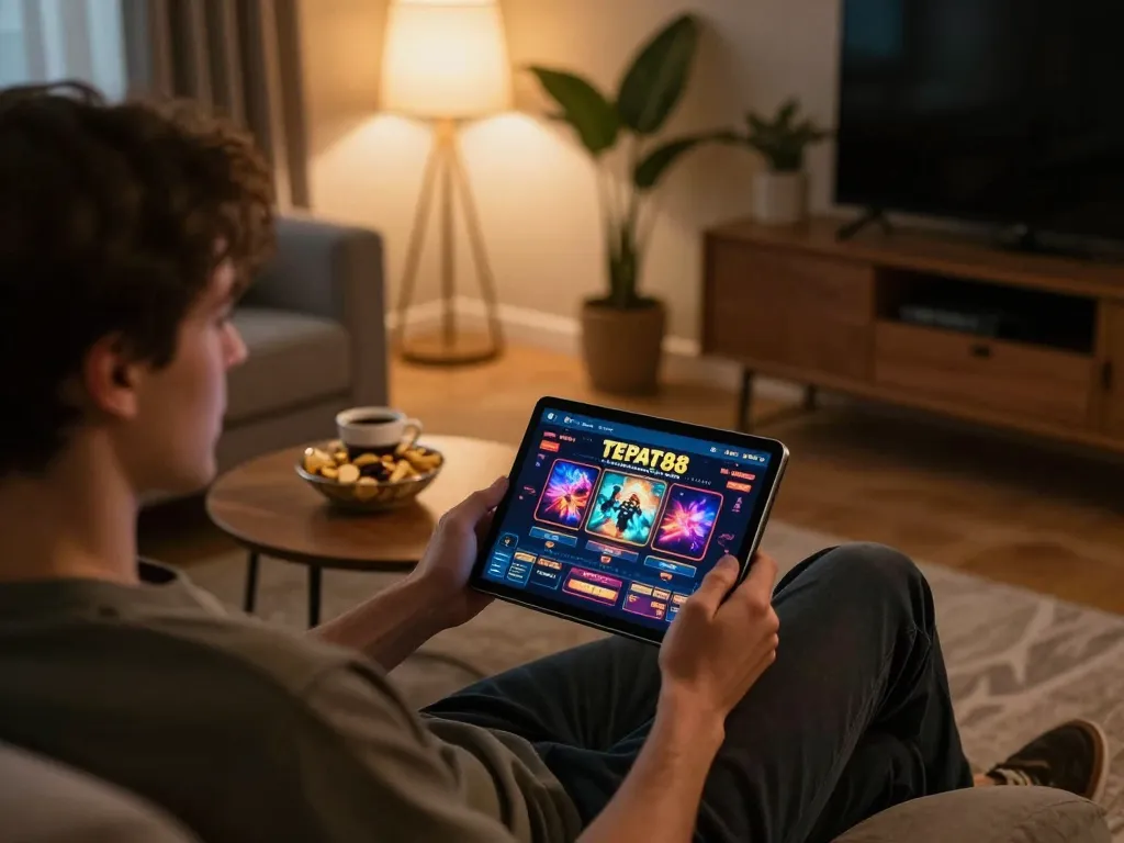 Pemain menikmati permainan kasino online TEPAT88 di tablet dalam suasana ruang tamu yang nyaman.