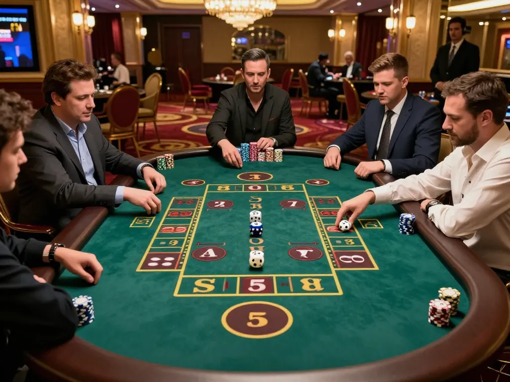 Sicbo dice rolling at a lively casino table with players eagerly watching their bets.