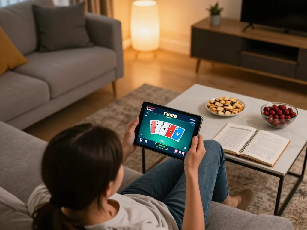 Person engaged in playing poker on FUN79 platform with tablet in cozy home setup