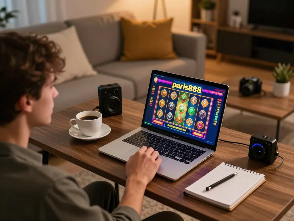 Player engaging with paris888 slot game in a cozy living room setup, highlighting interactive gameplay and strategy.