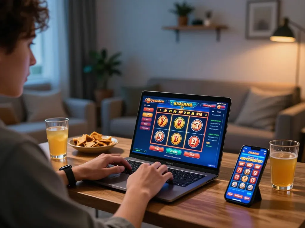 Player enjoying online slots on meroope platform in a cozy living room, snacks and drinks at hand.