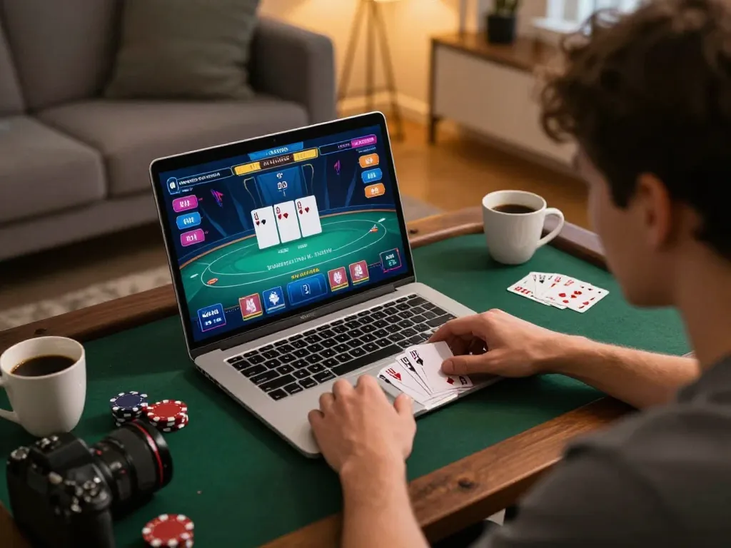 Engaged player strategizing in an online poker game at RR88, showcasing a cozy home gaming setup.