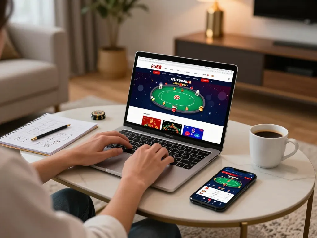 Engaging with ku88 online casino on a laptop while enjoying a relaxed gaming setup at home