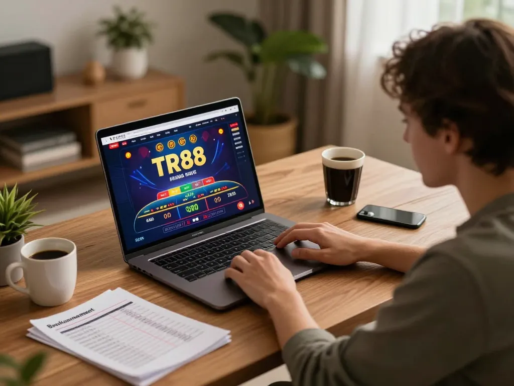 Player engaging in TR88 online casino gameplay from home, showing live dealer action on laptop.