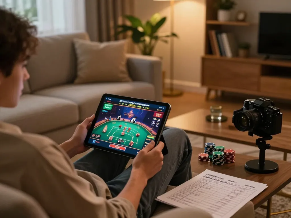 Engaged player using online gambling app at home, showcasing VeggieVisionDating's cozy gaming experience