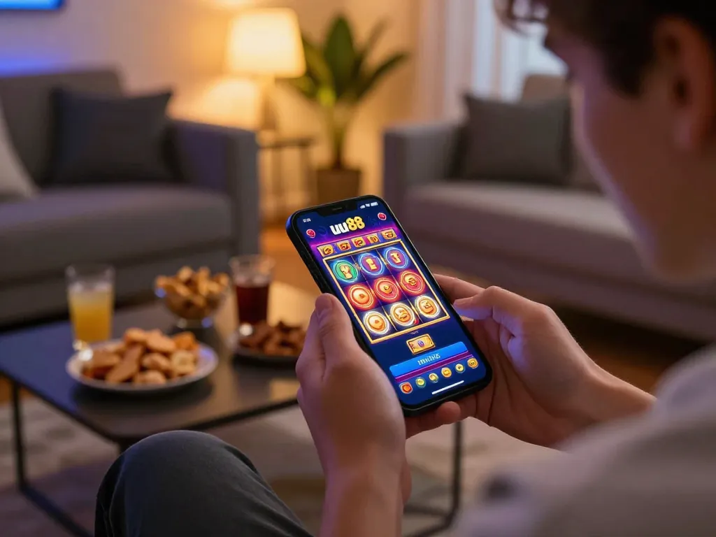 Engaging moment of a player using the uu88 app for online casino betting.