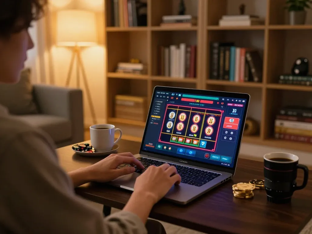 Kuwin02 player enjoying online casino games in a cozy home setting with vibrant graphics.