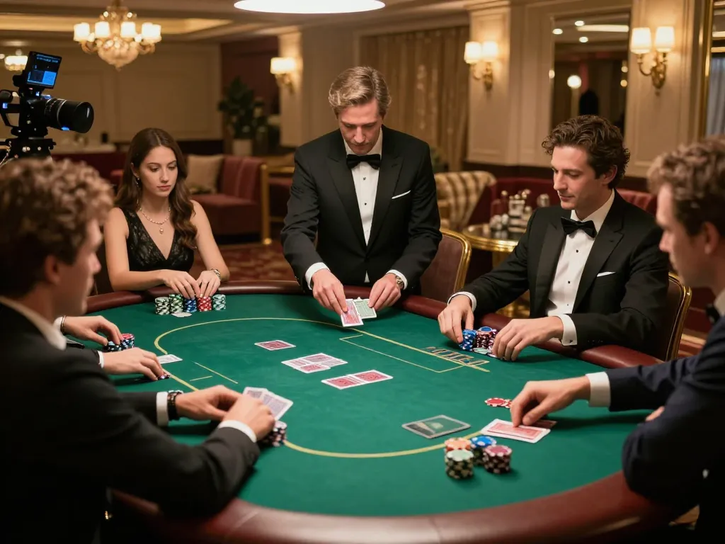 Players strategizing at a high-stakes poker table in the OKKING gaming room.