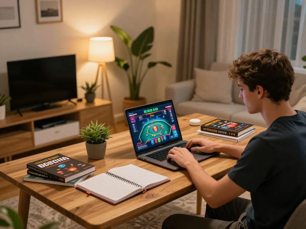 Player engaging in strategic online gaming on vvvwin at home, showcasing a cozy and responsible atmosphere.