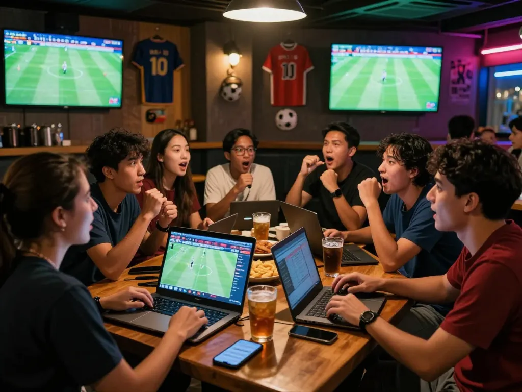 Friends engaged in Judi Bola betting during live football match at sports bar.