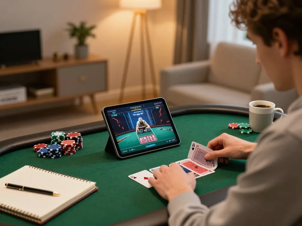 Player engaging in poker on cm88 platform within a cozy home office, emphasizing responsible gaming.