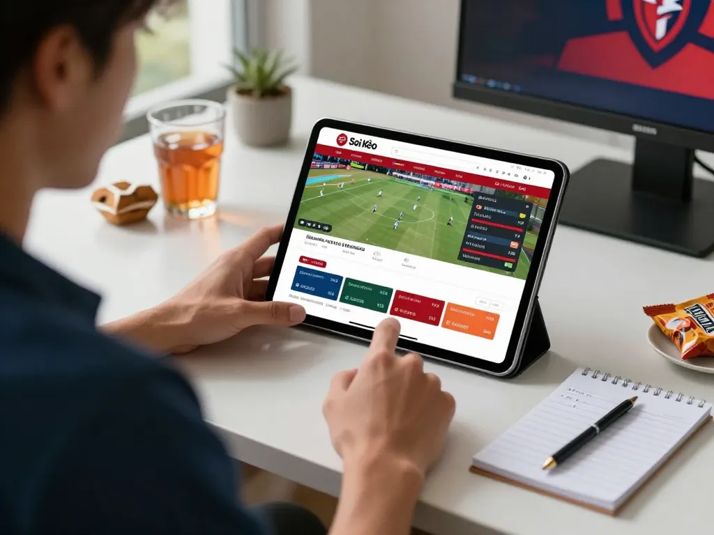 Soi Kèo user analyzing live sports odds on a tablet in a well-lit, modern workspace.