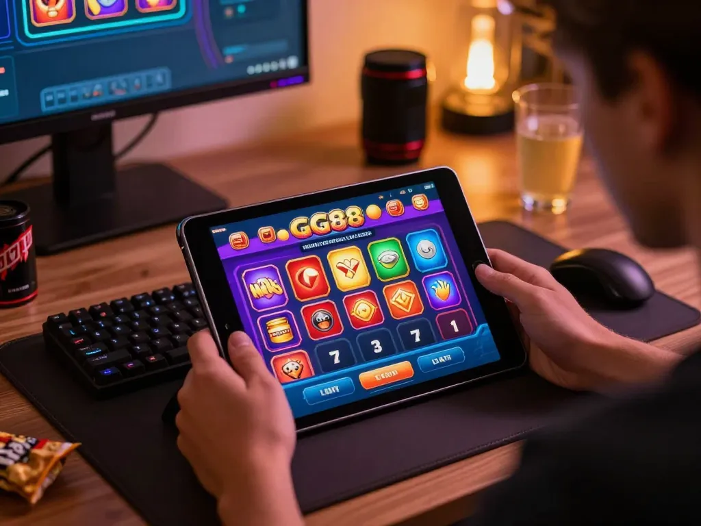 Engaged player exploring gameplay on GG88 app in a cozy home setting
