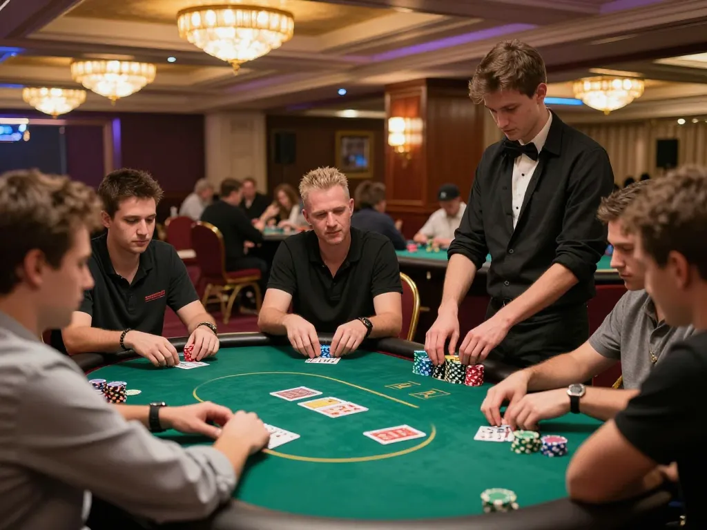 Players engaging in a competitive du88 poker tournament, exciting atmosphere filled with strategic gameplay and vibrant casino lights.