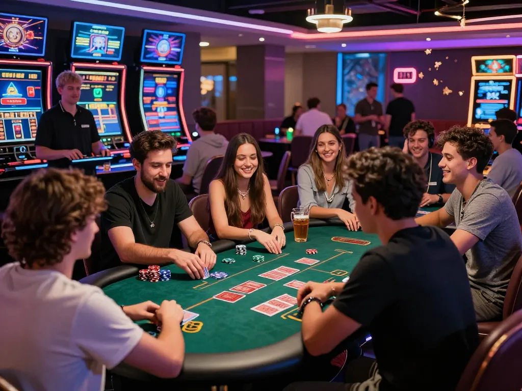 Friends enjoying an exciting gaming experience at https://fabetz88.com/ modern casino lounge.