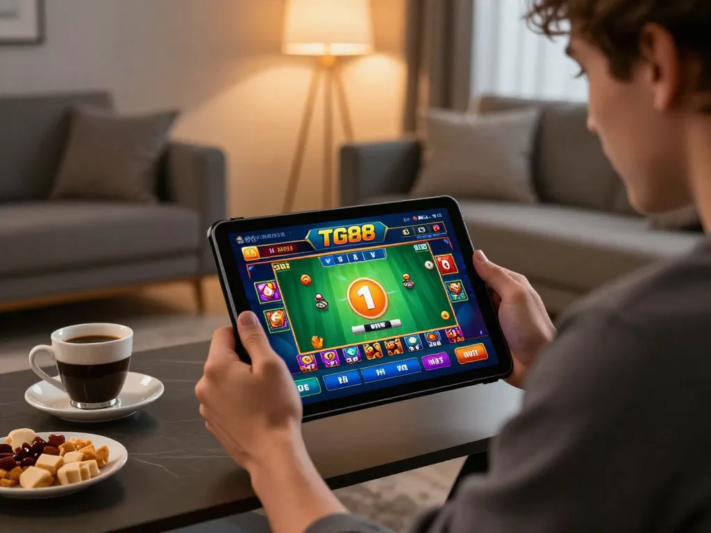 Player enjoying TG88 online casino on tablet in cozy living room, celebrating a win with casual accessories.