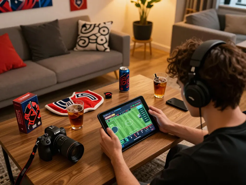 Enthusiastic user engaging in sports betting on 8xbet tablet in a dynamic gaming environment.