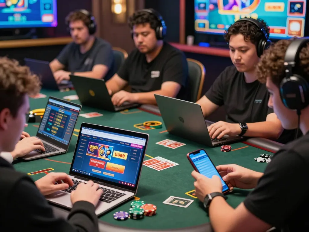 Exciting scene of players on the UU88 platform enjoying online gambling games with vibrant graphics and promotional elements.
