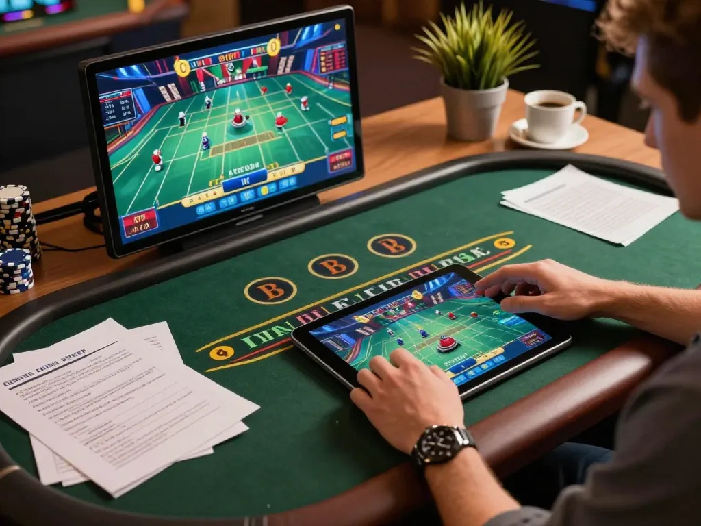 Engaged player at trang chu lc88 utilizing tablet for online Baccarat game, showcasing strategic gameplay