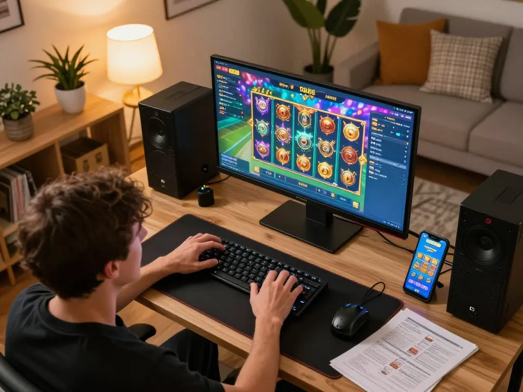 Engaged user playing DN88 online slots, showcasing mobile device with vibrant game interface