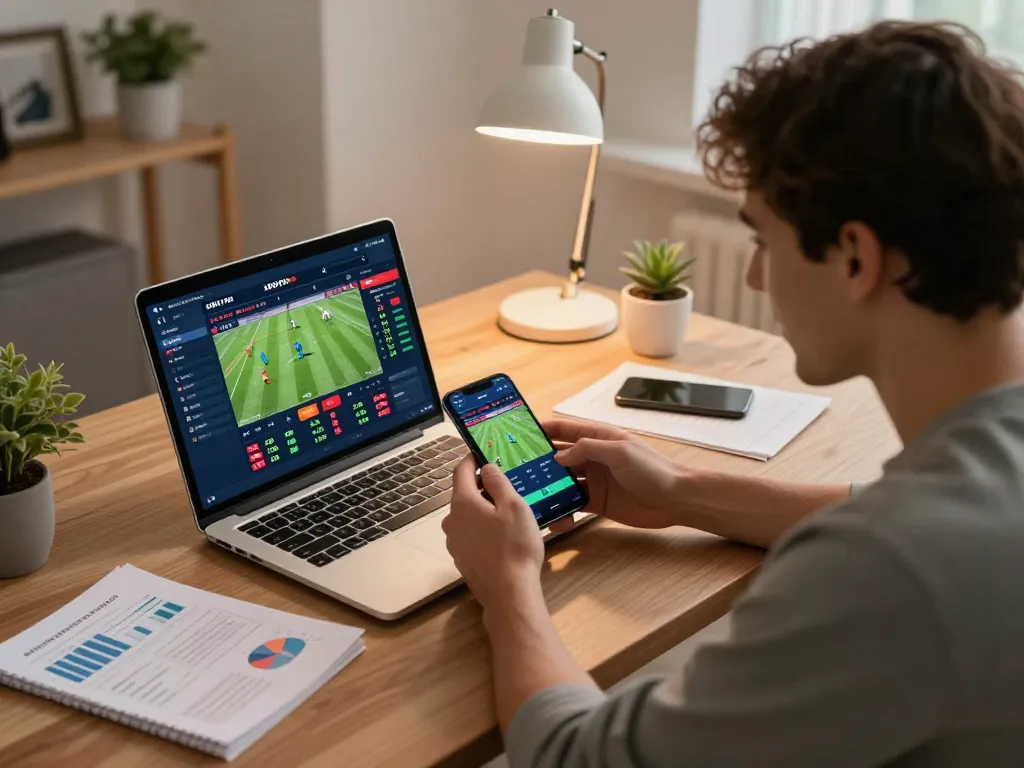 Soi kèo nhà cái while placing bets on smartphone at stylish home office desk.