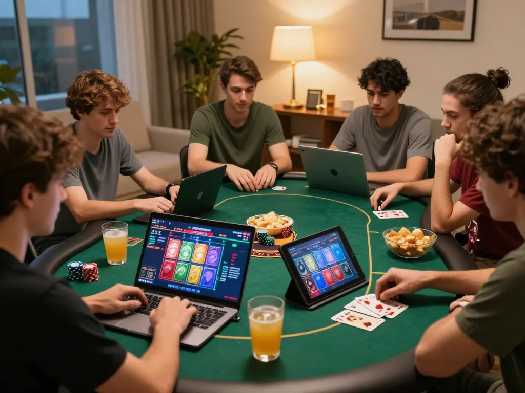 RR88 online poker players engaged in a lively game at home, showcasing immersive gameplay.