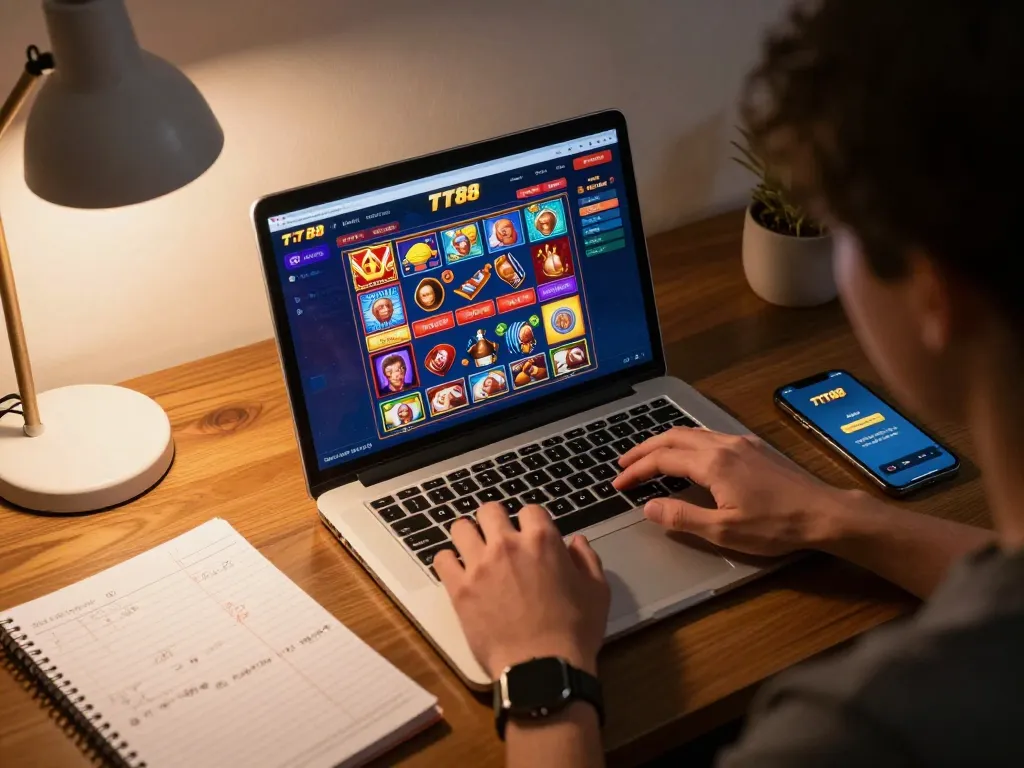 Player engaging with the TT88 app during an online betting session at a cozy home office.
