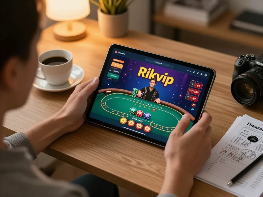 Engaging gameplay on the rikvip mobile app with colorful poker interface and strategy notes in a cozy setting