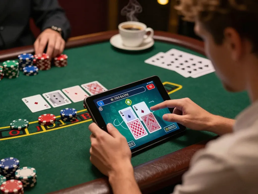 Player engaging with iwin casino app during intense online blackjack gameplay with strategy notes.