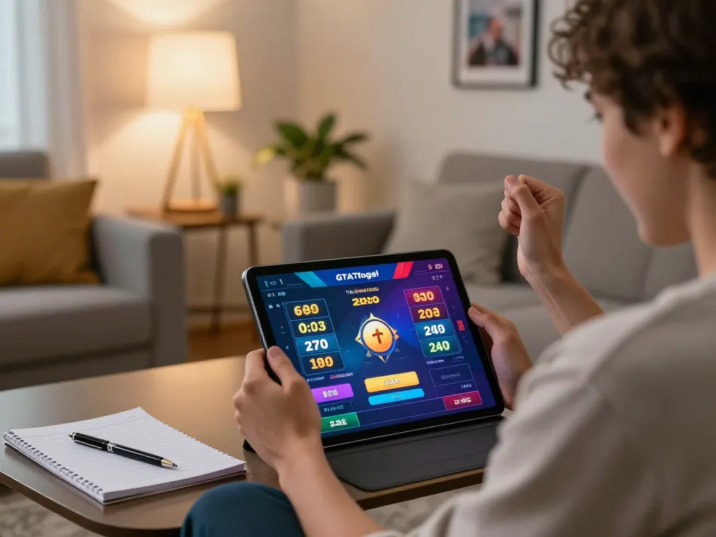 Engaging GTAtogel player celebrating a win in an online gaming session at home.