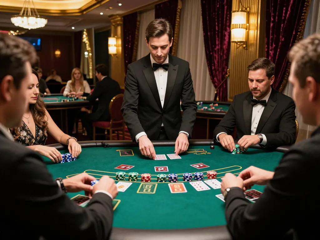 Players enjoy strategic blackjack at Upintogel casino with lively action and luxurious decor.