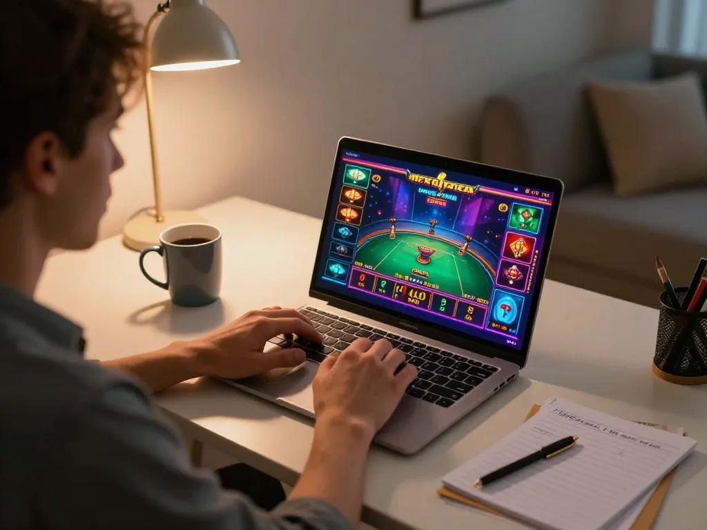Engaged player enjoying an online casino game at home, highlighting f8beta2 strategies and excitement.