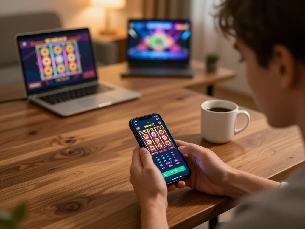 Engaging scene of a user interacting with the WIN678 casino app on a smartphone, showcasing vibrant game graphics and a cozy atmosphere.
