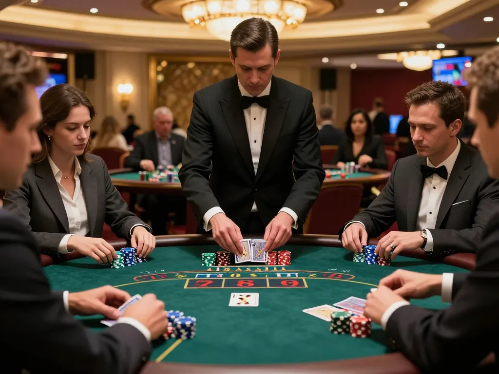 Players engaging in intense blackjack strategy at 88aa. casino table, showcasing chips and cards.