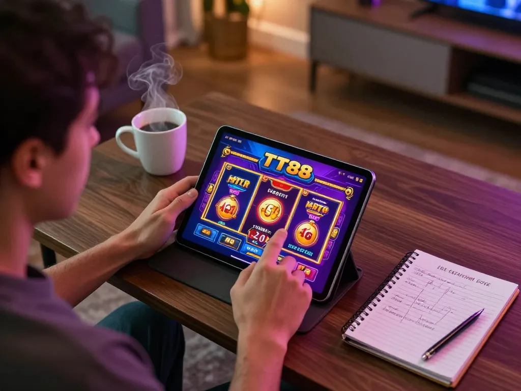 Player enjoying TT88 online casino app on tablet, surrounded by strategy notes and drinks