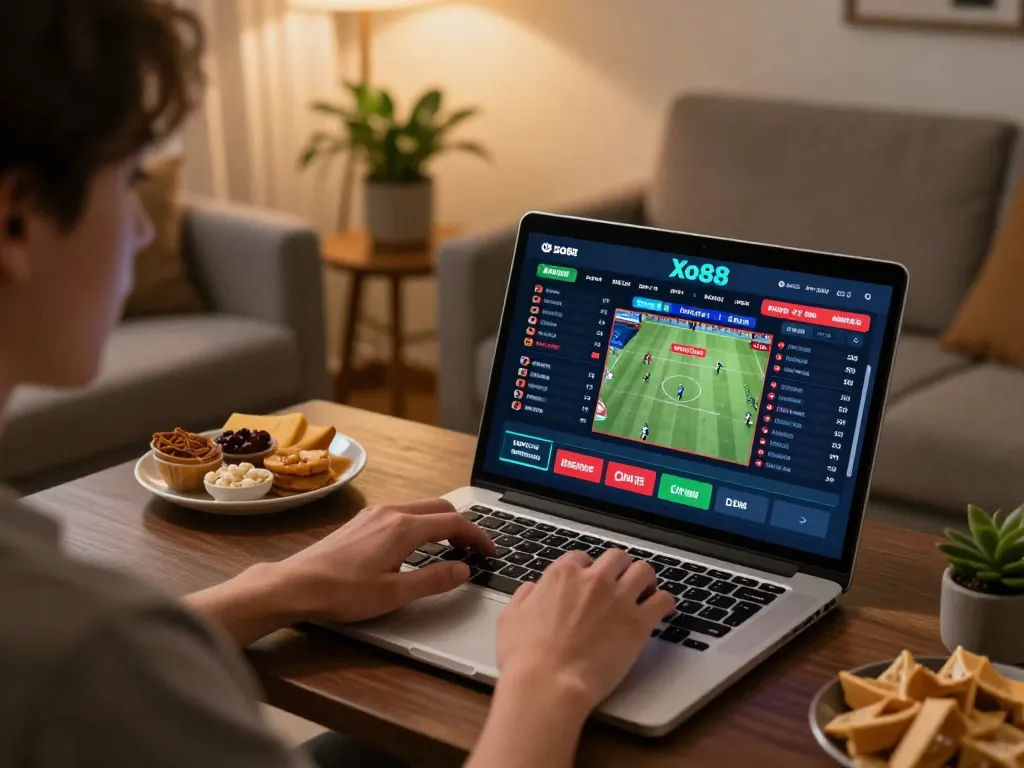 Xo88 user engaged in sports betting from home, laptop screen showing live odds.