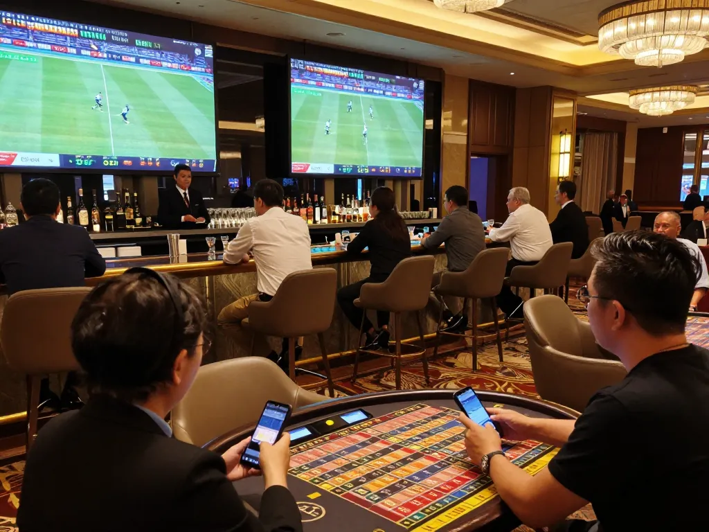Ta88 sports betting patrons engaging in strategic wagers amidst a lively casino atmosphere.