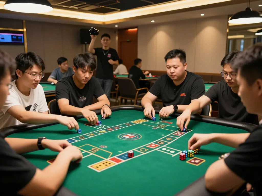 Tài Xỉu players intensely engaged in a game, with dice rolling on a green felt table in a lively casino setting.