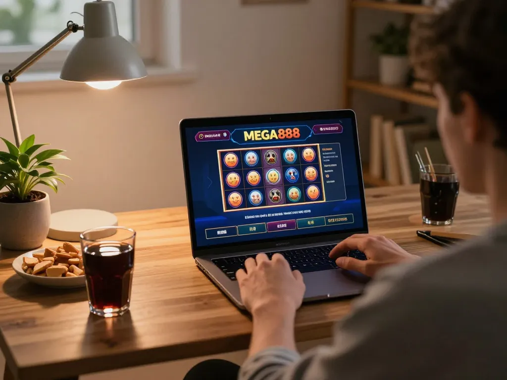 Mega888 player enjoying online casino gaming at home, showcasing vibrant slot reels on laptop