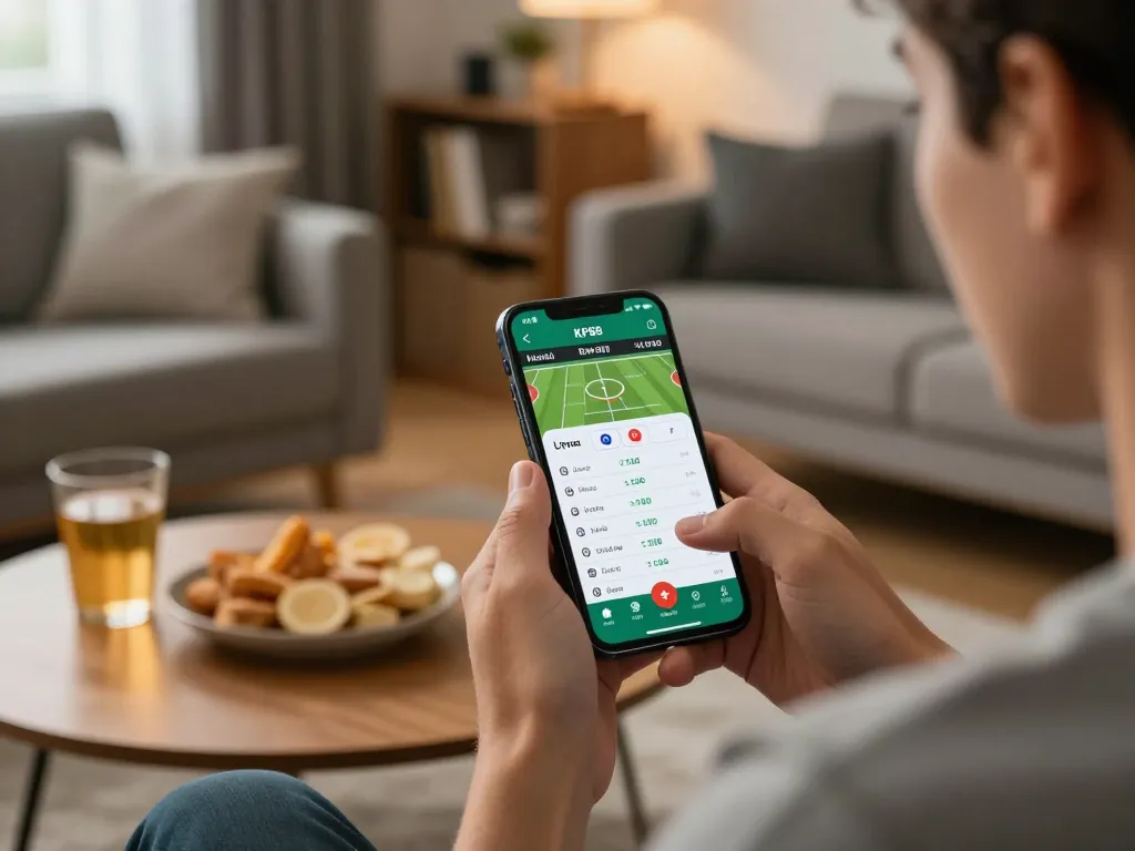 Engaged player using the KP88 app for live sports betting at home, showcasing a dynamic gambling experience.