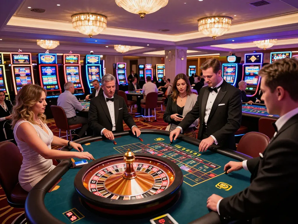 F168 roulette table with players placing bets and a dealer spinning the wheel in an upscale casino.
