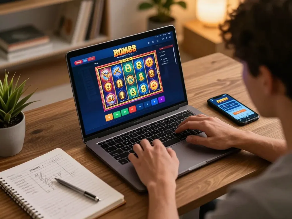 Pengguna BOM88 tenggelam dalam pengalaman permainan online, menampilkan grafik slot yang cerah dan antarmuka laptop.