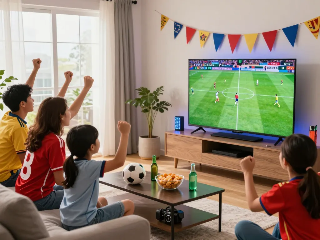 Soccer fan enjoying a live match on socolivetv in a vibrant home setting.
