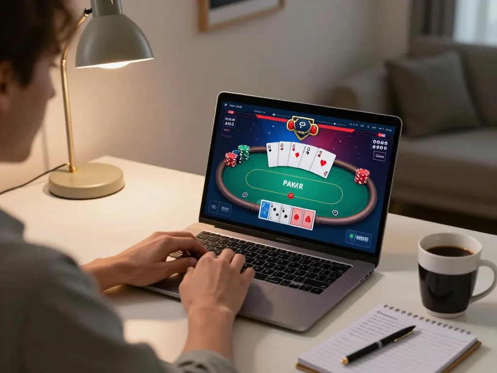 Playing poker online at home with cucu777 on a laptop, highlighting comfort and strategy.