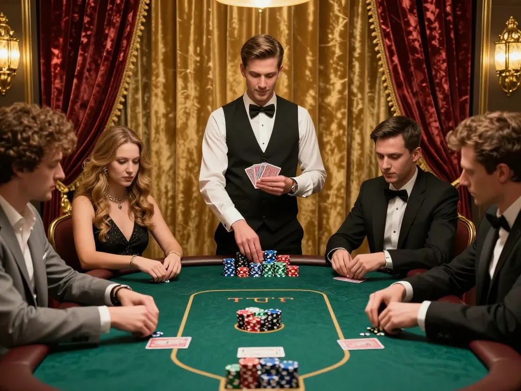 Go88 poker players engaged at a vibrant table, showcasing strategy and excitement in a casino.
