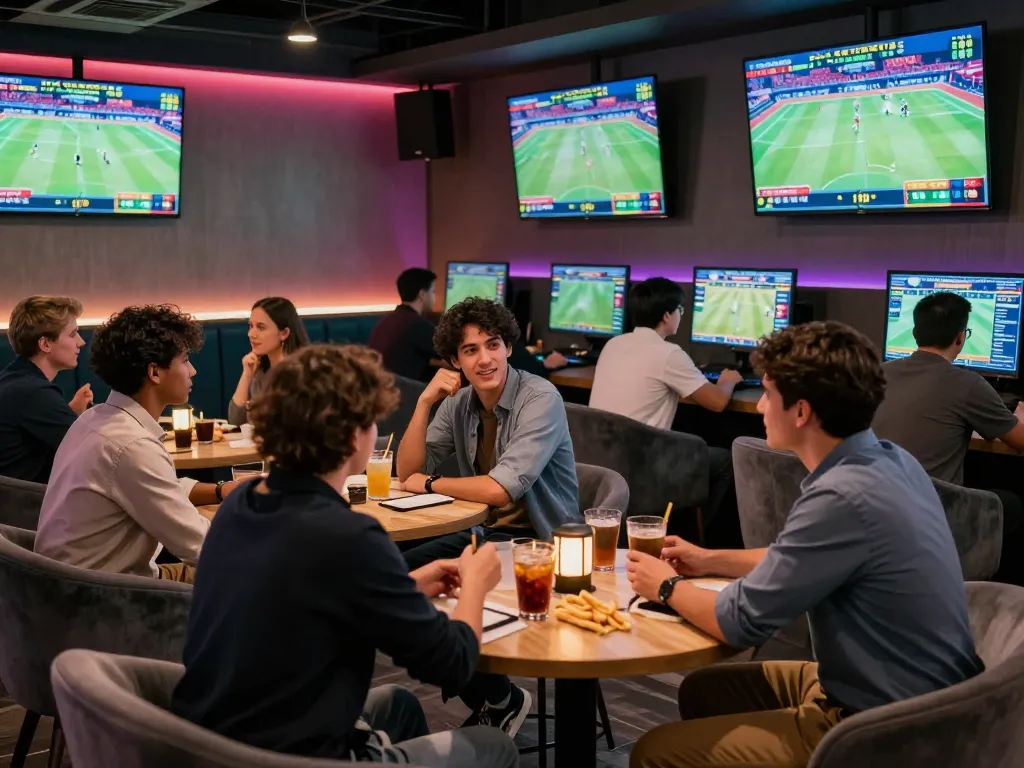 Engaged bettors at hit club analyzing odds in a lively sports betting lounge