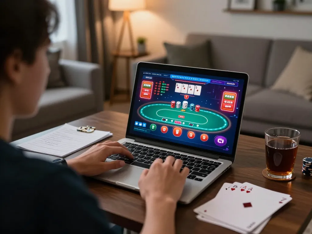 Engaging in Canada online casinos action with vibrant poker interface during a cozy at-home gaming session